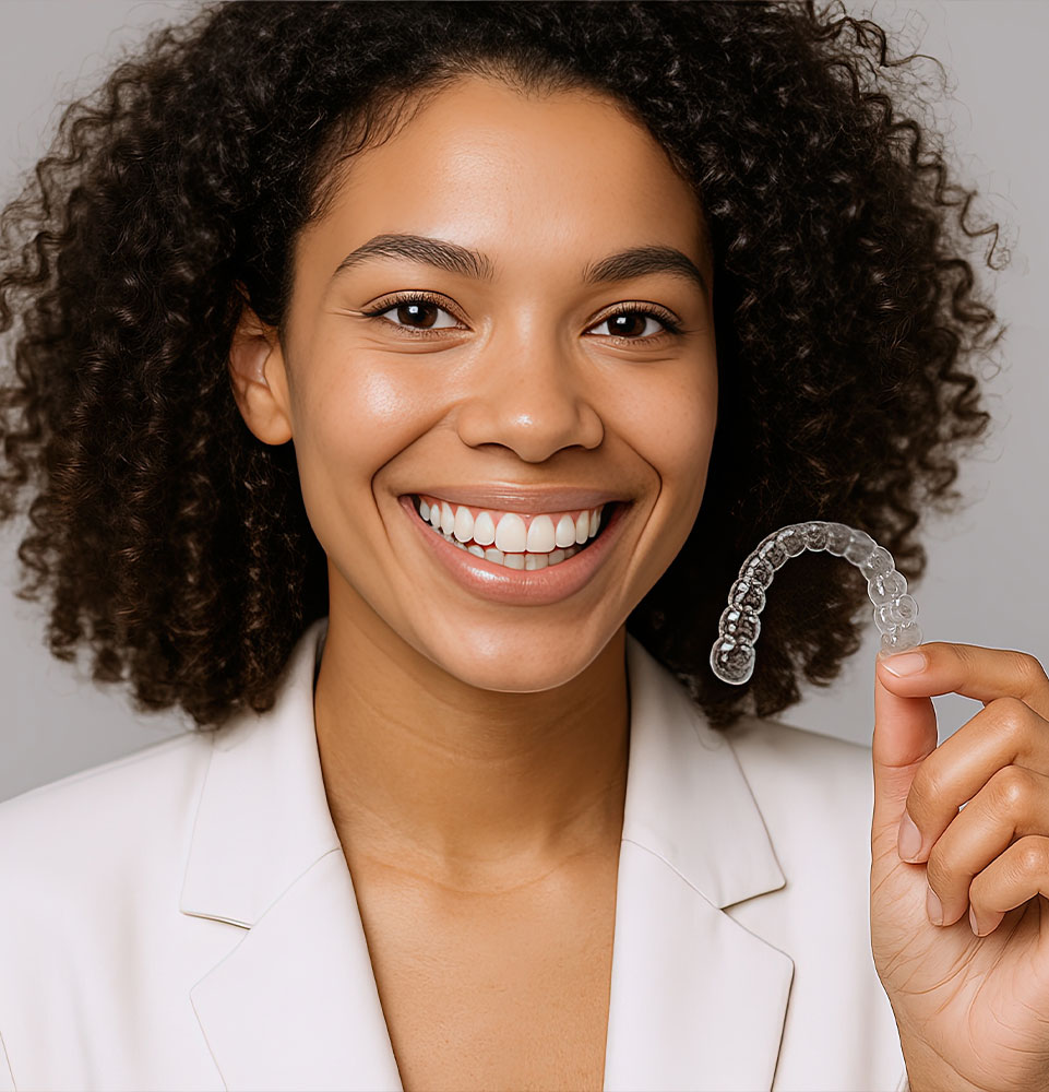 Smiling young woman with curly hair holding clear dental aligner close-up portrait.