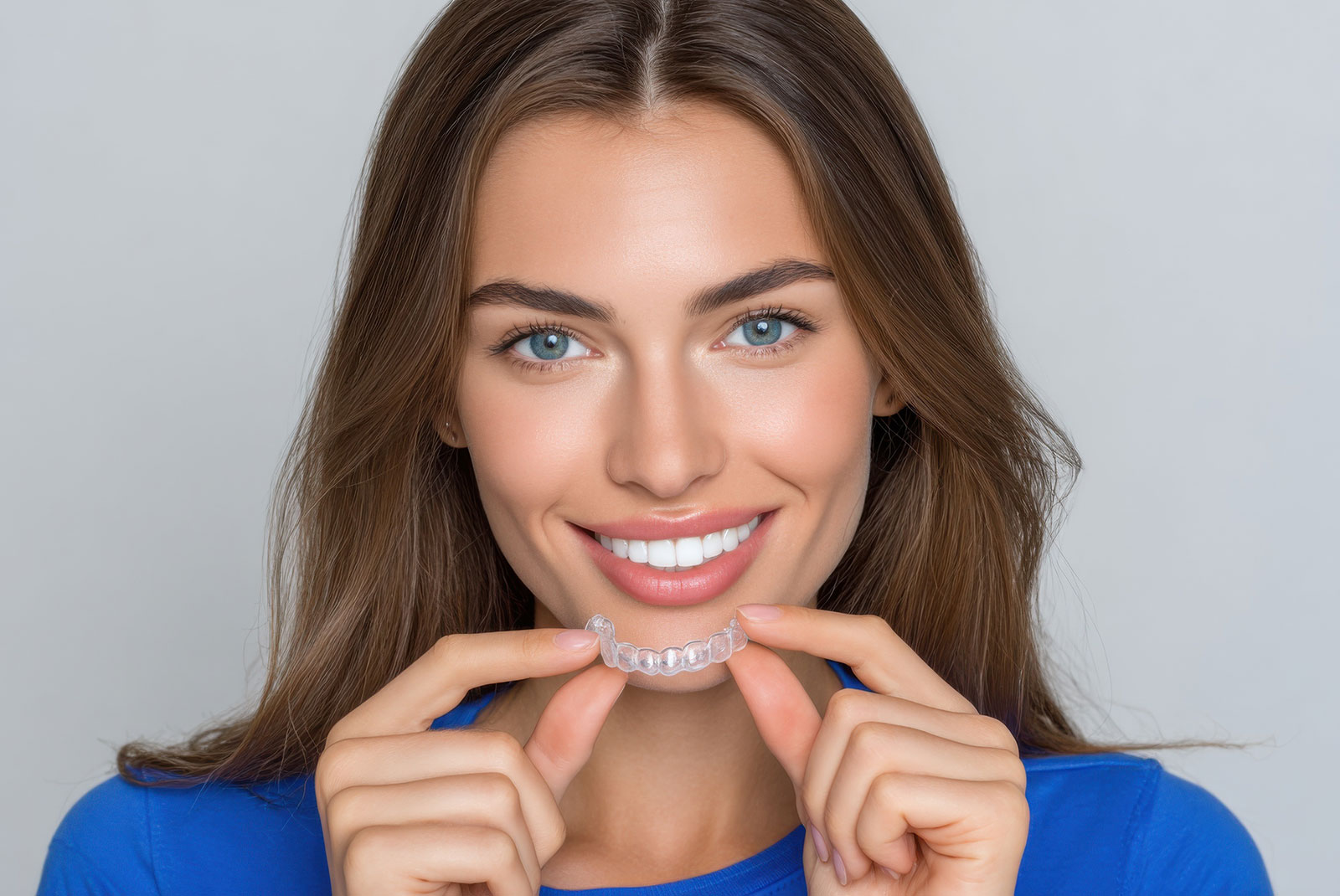 Smiling Woman Holding Clear Aligners, Promoting Dental Care and Cosmetic Dentistry for a Healthy Smile