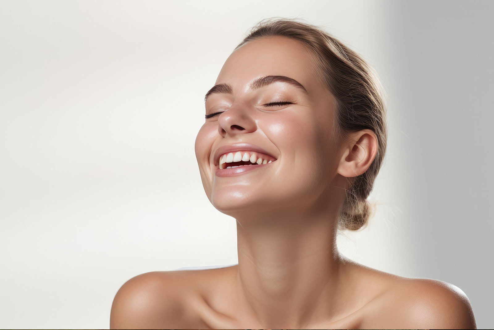 joyful woman with closed eyes showcasing a radiant smile