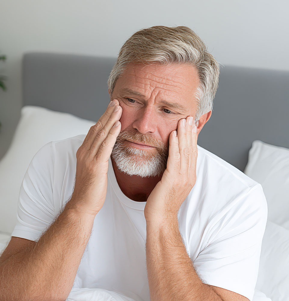 Mature Man Sitting in Bed With a Headache, Depicting Pain