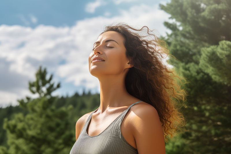 Relaxed woman breathing fresh air in a green forest